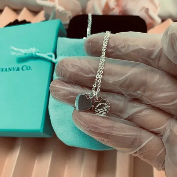 Tiffany Mini Double Heart Tag Pendant Necklace in Silver and
